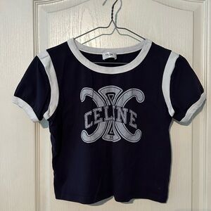 Designer Inspired Dark Blue and White Cropped Tee